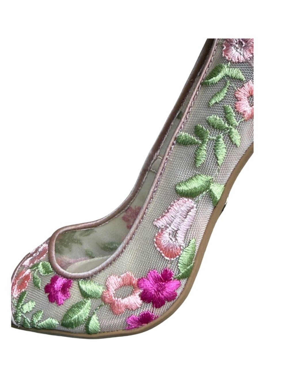 Betsey Johnson Embroidered Floral Peep Toe Heels Size 6 Pink Satin Mesh Stiletto - Picture 9 of 15